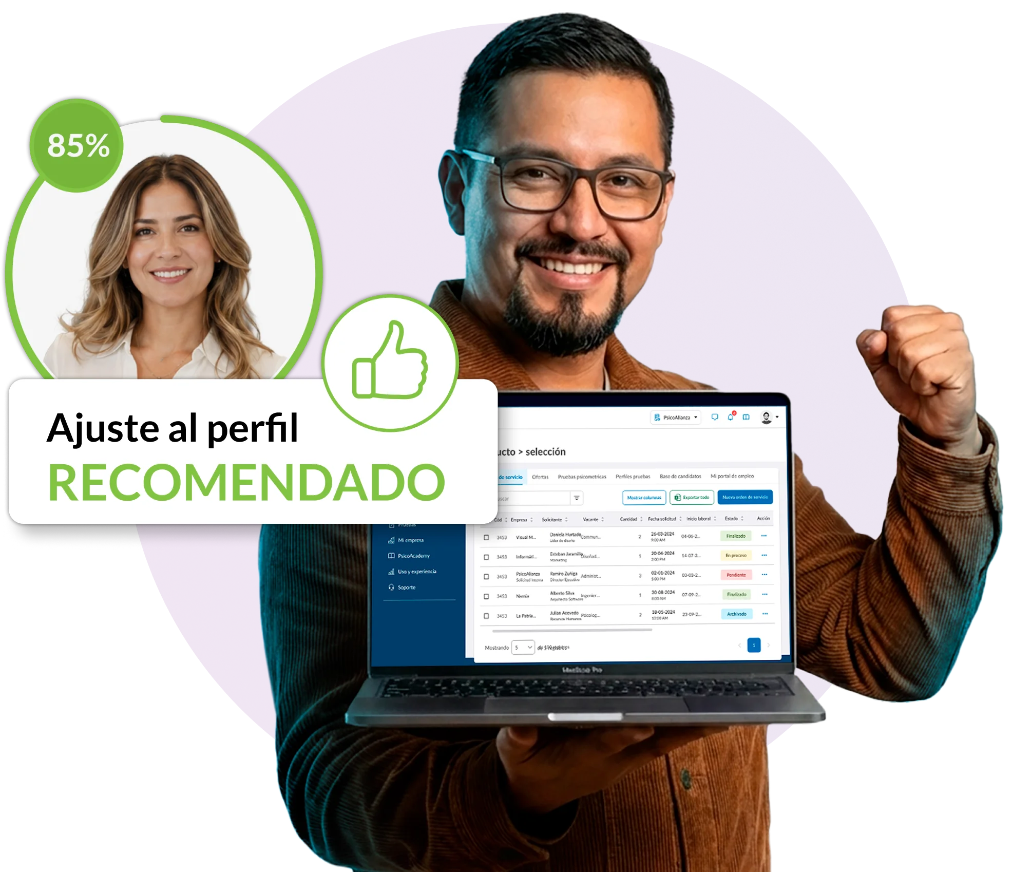 Reclutador usando la plataforma PsicoAlianza con un candidato recomendado al 85% de ajuste al perfil