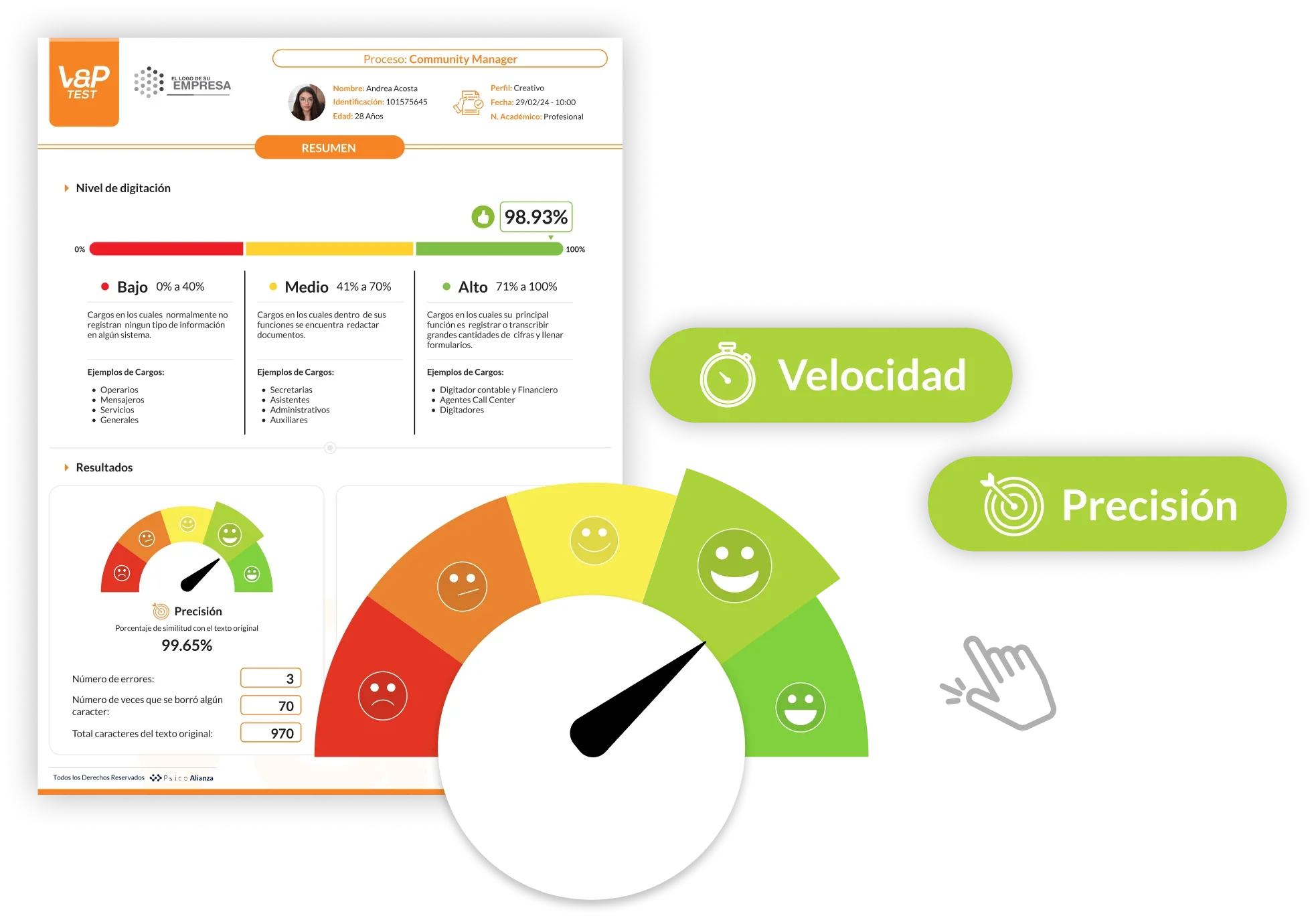 Reporte de la prueba de digitación V&P Test de PsicoAlianza con velocidad y precisión de un candidato
